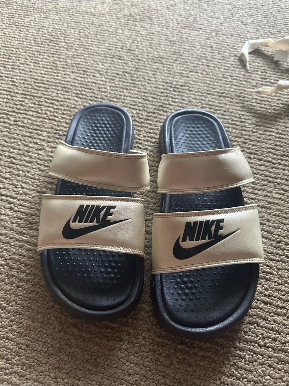 Nike Women’s Double-Strap Slides in Beige and Black